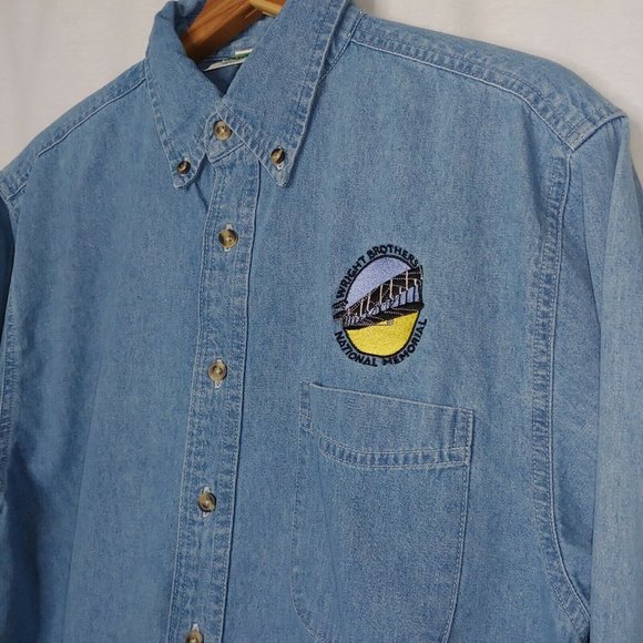 Vintage Wright Brothers National Memorial Men S Button Down Shirt Blue Chambray - Picture 4 of 7